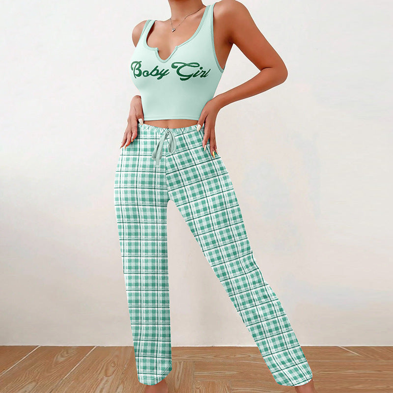 Women's Home Wear Vest Color Matching Plaid Trousers Letter Print Top Pajamas - Carvan Mart