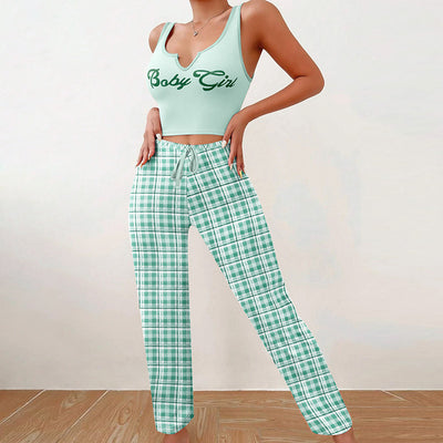 Women's Home Wear Vest Color Matching Plaid Trousers Letter Print Top Pajamas - Green - Suits & Sets - Carvan Mart