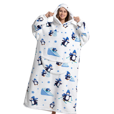 Animal Cartoon Extra Thick Lambswool Pajamas Hooded Lazy Blanket - Carvan Mart