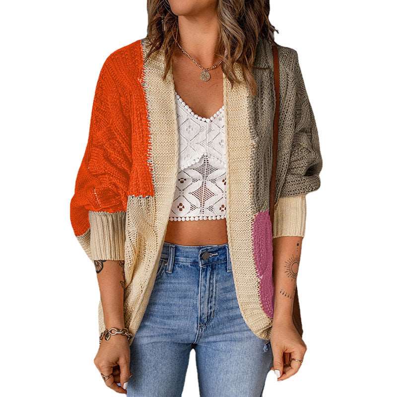 Color Stitching Knitted Cardigan Sweater Outside - Carvan Mart