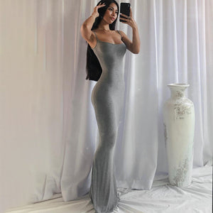 Satin Slip Sleeveless Backless Maxi Dress Bodycon Sexy Women's Dress - Gray - Dresses - Carvan Mart