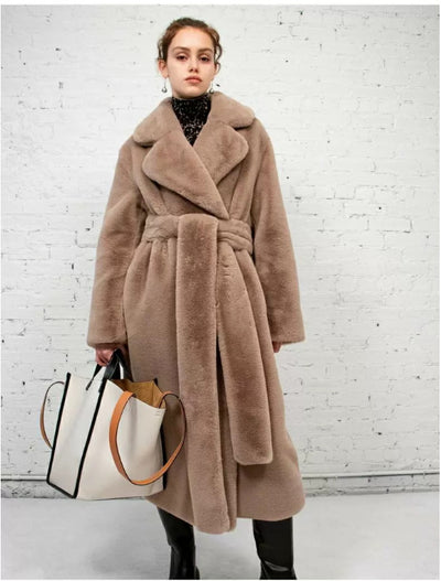 Long Rabbit Mink Fur Coat Jacket Women's Plush Turndown Collar Coat - Light Camel - Women's Coats & Jackets - Carvan Mart