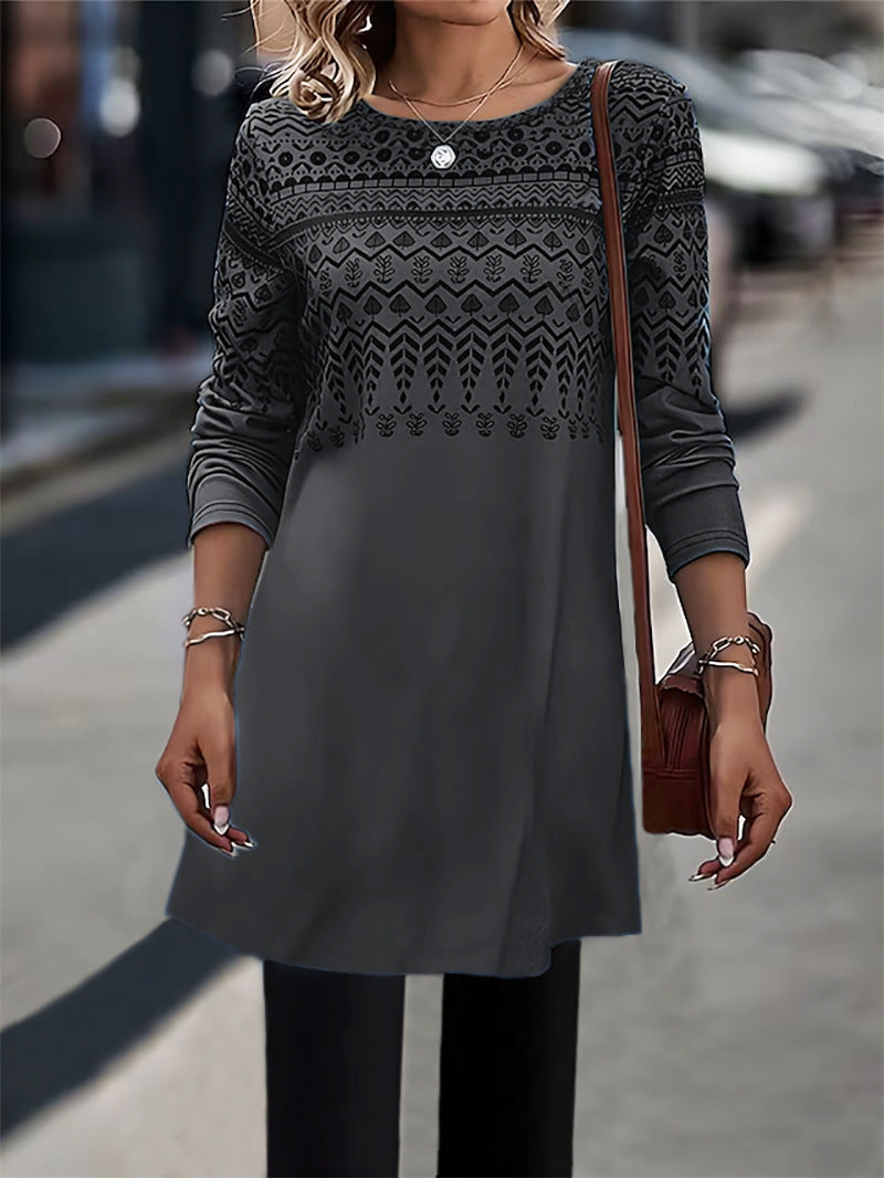 Printed Long-sleeved Women's Mid-length Knitted Top - Carvan Mart