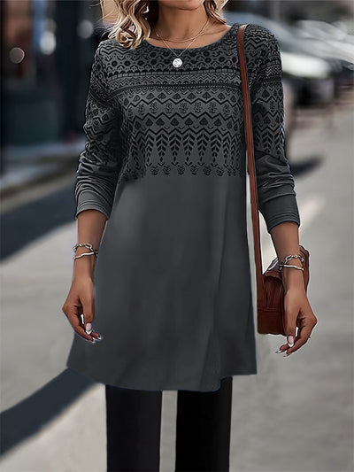 Women's Printed Long-sleeved Mid-length Knitted Top - Gray - Winter Tops - Carvan Mart