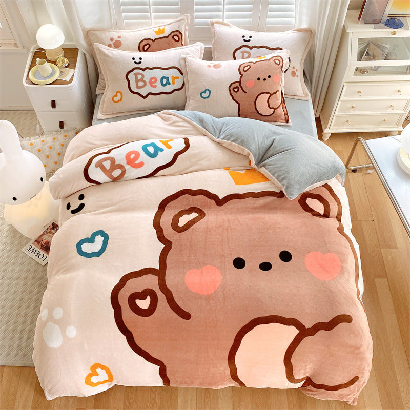 Large Version Milk Fiber Four-piece Set Autumn And Winter Thickening - Teddy Bear 18m Fitted Sheet - Bedding Sets - Carvan Mart