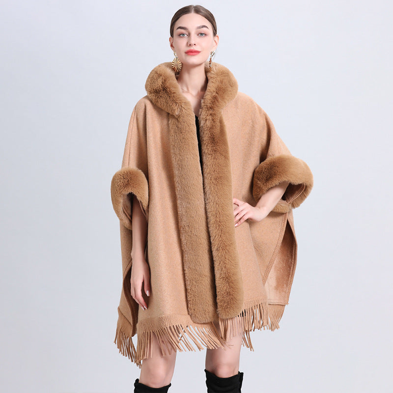 Women's Plaid Cashmere Fur Collar Cardigan Coat - Solid Color Camel Average Size - Women's Coats & Jackets - Carvan Mart