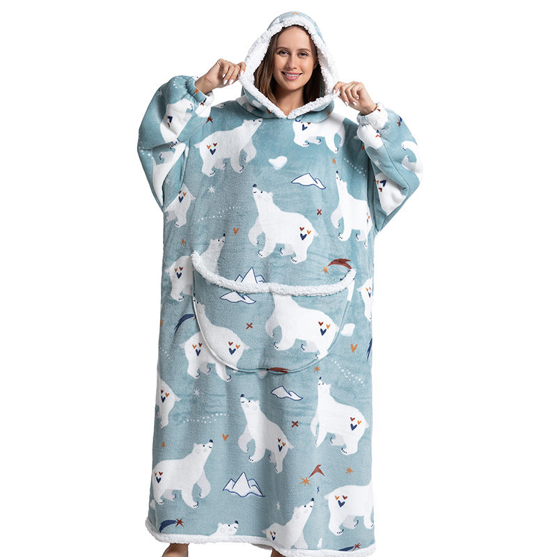 Animal Cartoon Extra Thick Lambswool Pajamas Hooded Lazy Blanket - White Bear Average Size - Women's Coats & Jackets - Carvan Mart