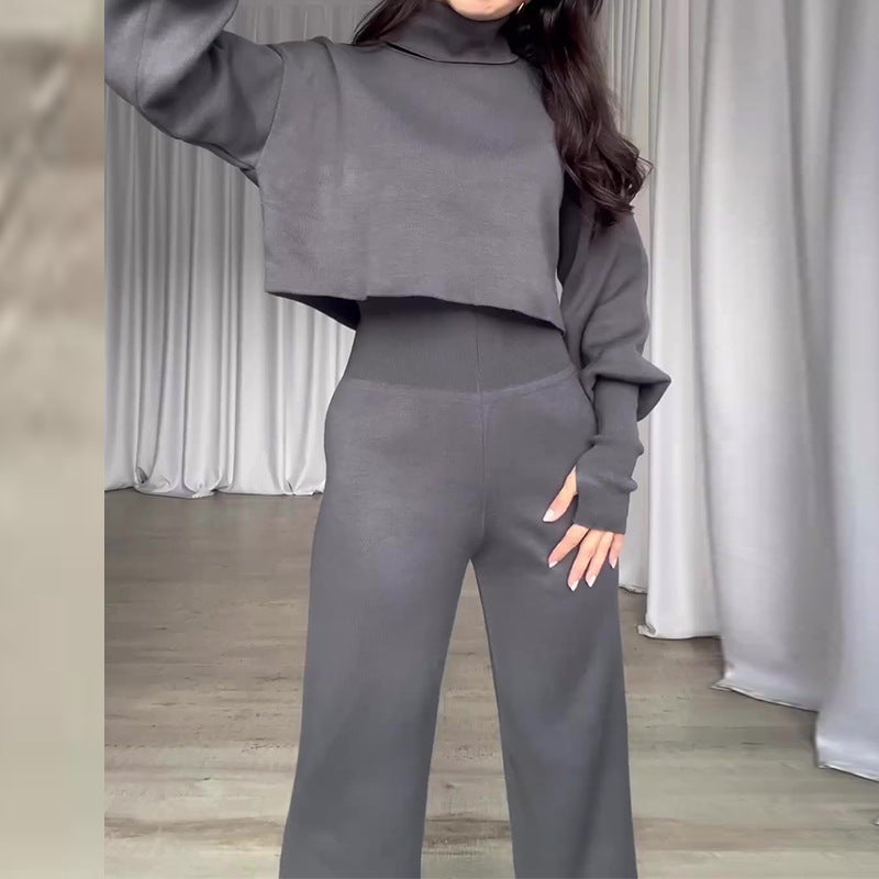 Fashion Suit Turtleneck Long-sleeve Top And High-waisted Trouser - Gray - Suits & Sets - Carvan Mart