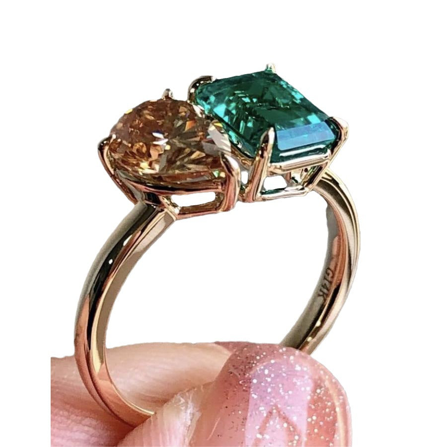 Fashion Jewelry Creative Double Stone Lady Green Yellow Zircon Ring Luxury Crystal Ring - Golden - Women's Rings - Carvan Mart