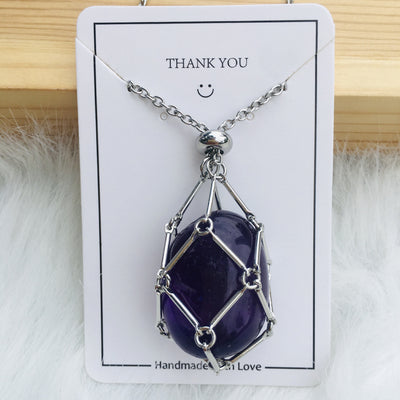 Fashion Jewelry Medium Natural Crystal Mesh Bag Bamboo Woven Necklace - Silver Amethyst - Necklaces - Carvan Mart