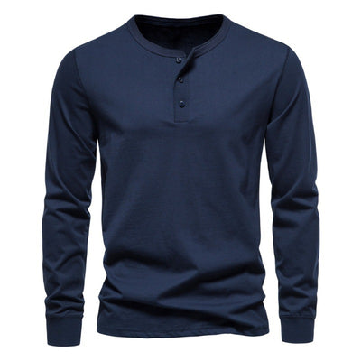 Modern Henley Neck Men's Long-Sleeve T-Shirt - Stylish Cotton Blend Pullover for Men - Navy Blue - Men's Shirts - Carvan Mart