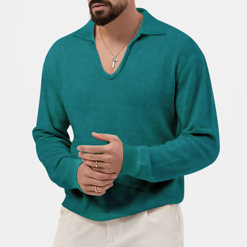 Waffle Casual Men's Henley Shirts Long-sleeved Loose T-shirt - - Men's Shirts - Carvan Mart