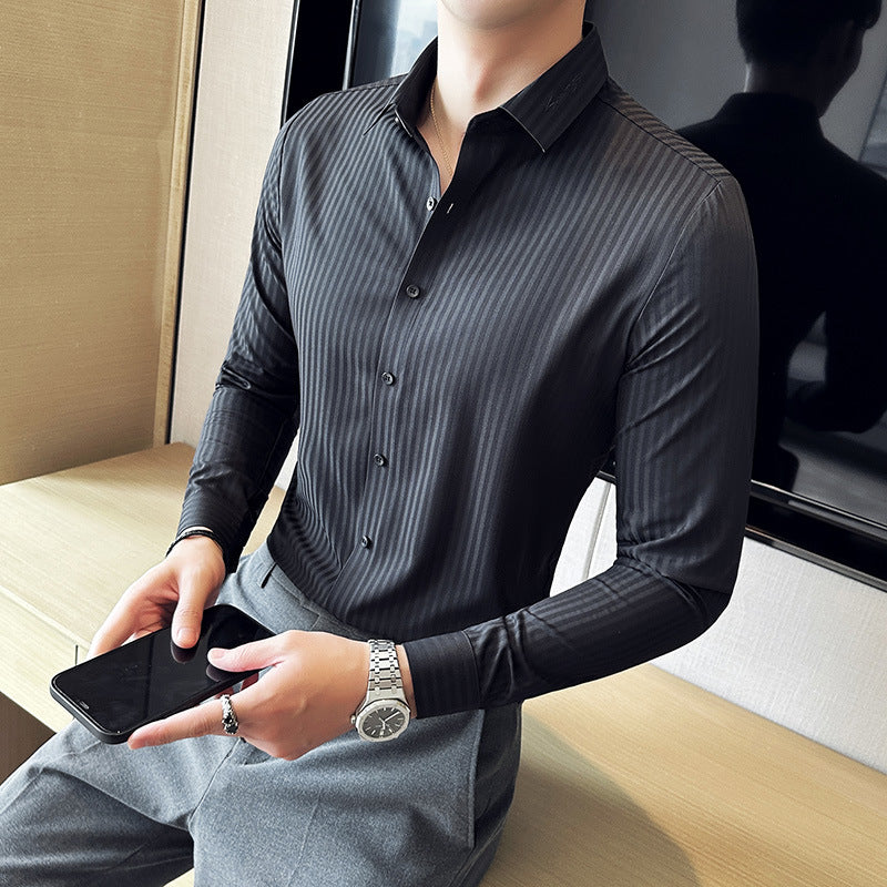 Sophisticated Striped Shirts Men's High-quality Long-sleeved Seamless Shirt - Black - Men's Shirts - Carvan Mart