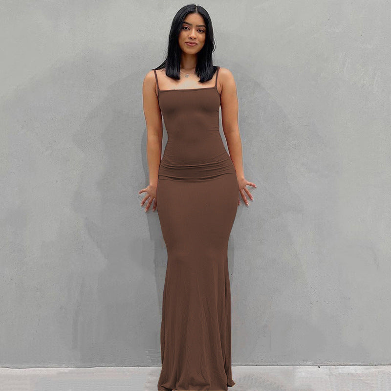 Satin Slip Sleeveless Backless Maxi Dress Bodycon Sexy Women's Dress - Brown - Dresses - Carvan Mart