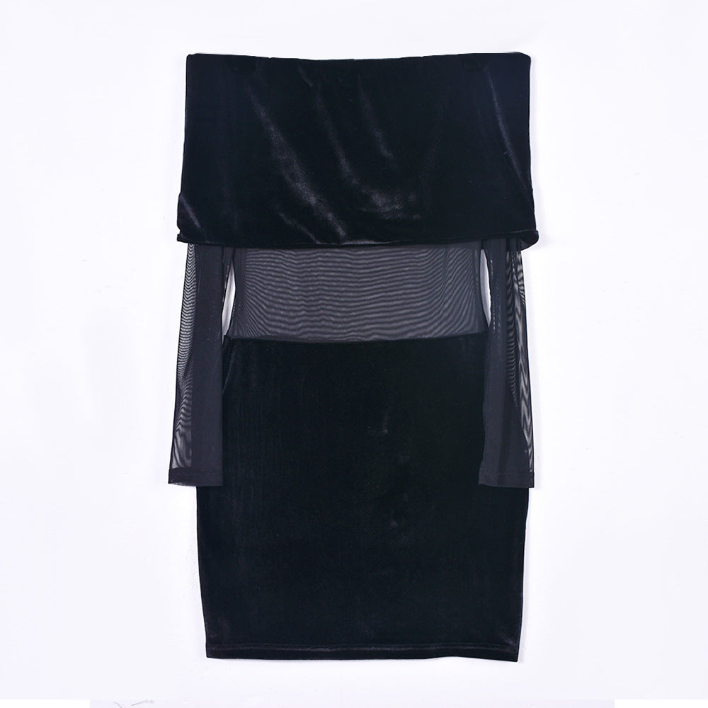 Black Dress for Women Mesh See-through Long Sleeve A Line Mini Dress - Carvan Mart