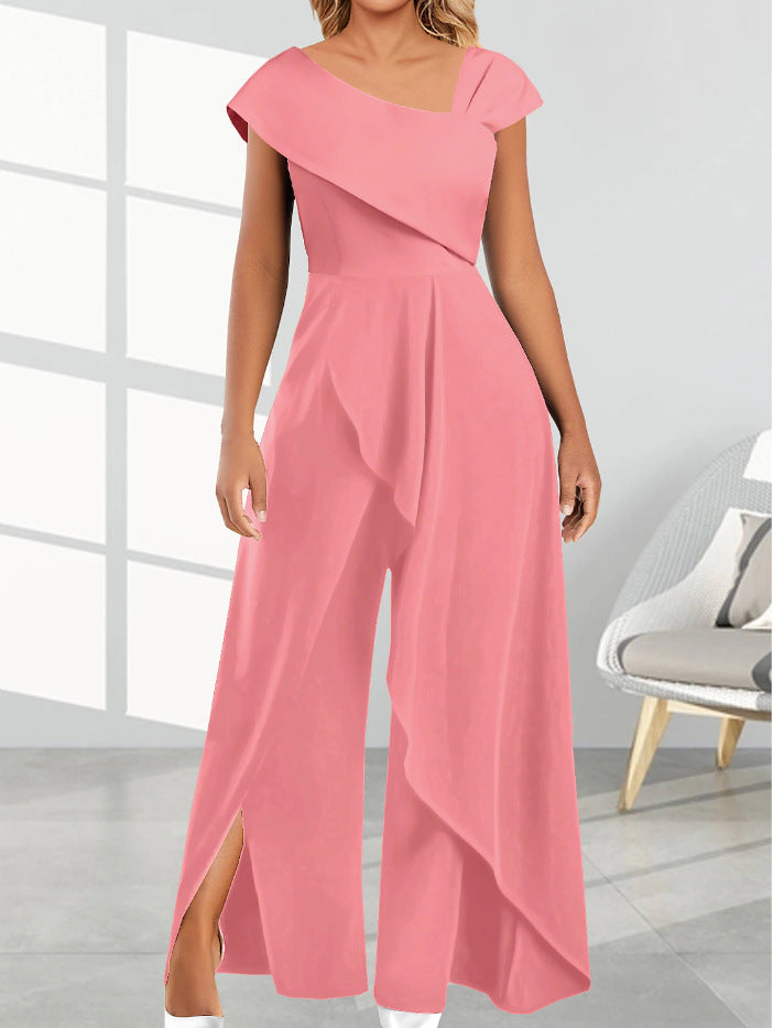 Jumpsuit Women's Simple Temperament Diagonal Collar Sleeveless Jumpsuit - Pink - Jumpsuits & Rompers - Carvan Mart