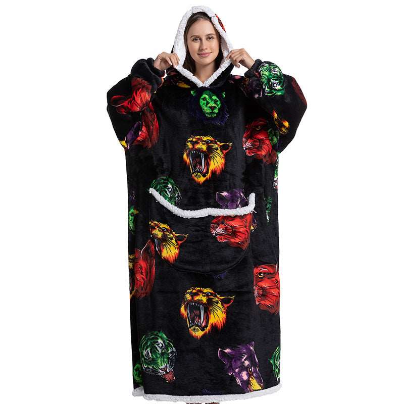 Animal Cartoon Extra Thick Lambswool Pajamas Hooded Lazy Blanket - Carvan Mart