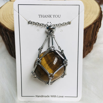 Fashion Jewelry Medium Natural Crystal Mesh Bag Bamboo Woven Necklace - Silver Tiger Eye - Necklaces - Carvan Mart