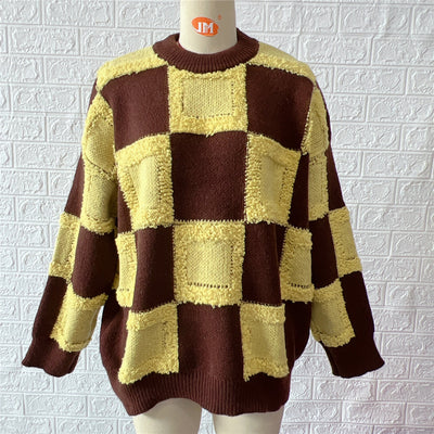 Women's Fashion Casual Chessboard Knitted Pullover Sweater - Yellow - Sweaters - Carvan Mart