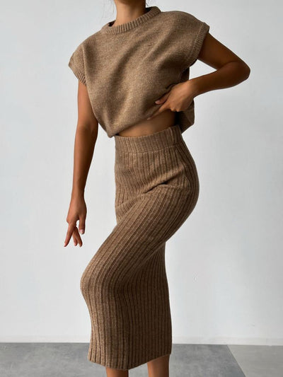 Sweater Suit Women's Sleeveless Pullover Coat Skirt - Carvan Mart