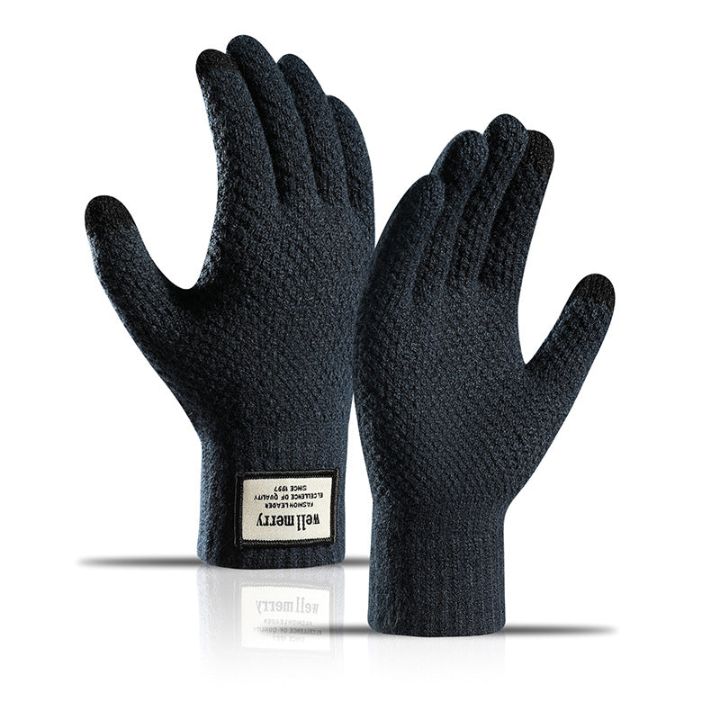 Men's Fashion Velvet Padded Thick Jacquard Warm Wool Touch Screen Gloves - Navy Blue L - Men's Gloves - Carvan Mart