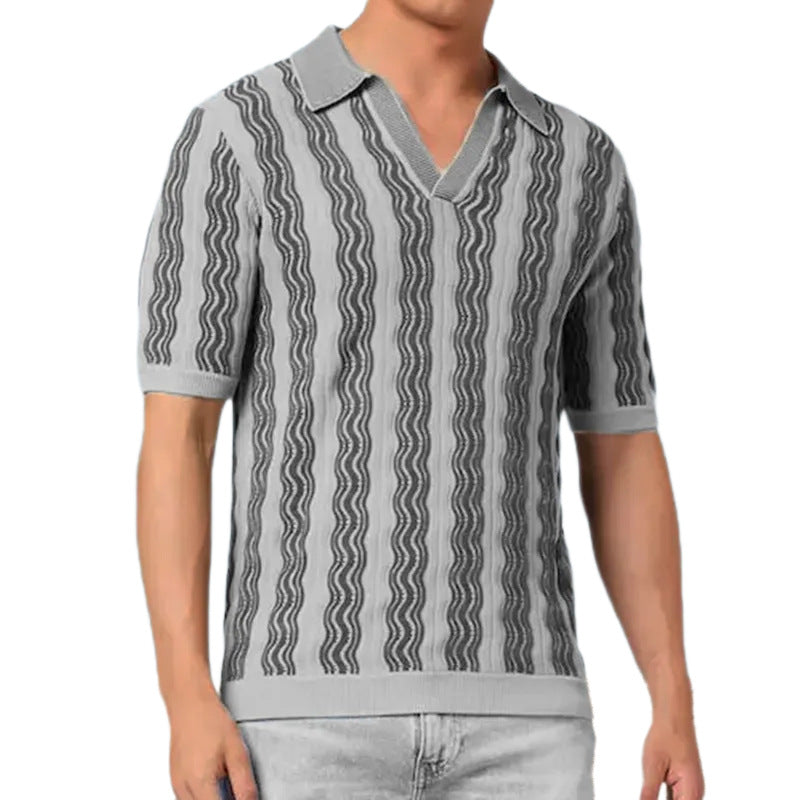 Men's Retro Striped Knit Polo Shirt - Stylish & Comfortable Summer Top - - Men's Shirts - Carvan Mart