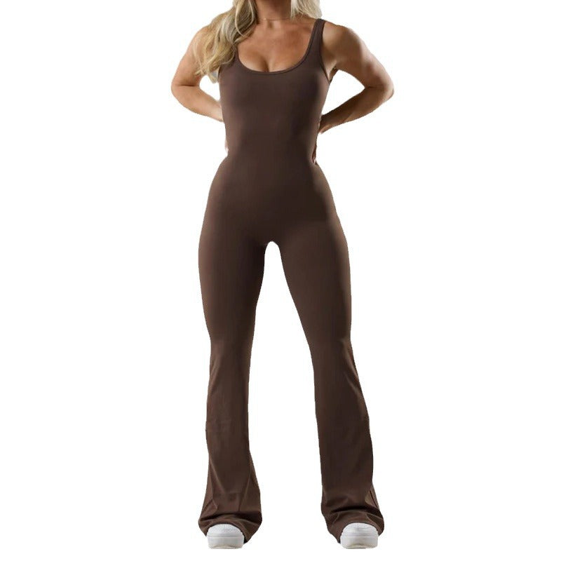 Women V-Back Flared Jumpsuit Bodysuit Casual Hollow Seamless Jumpsuit - Carvan Mart