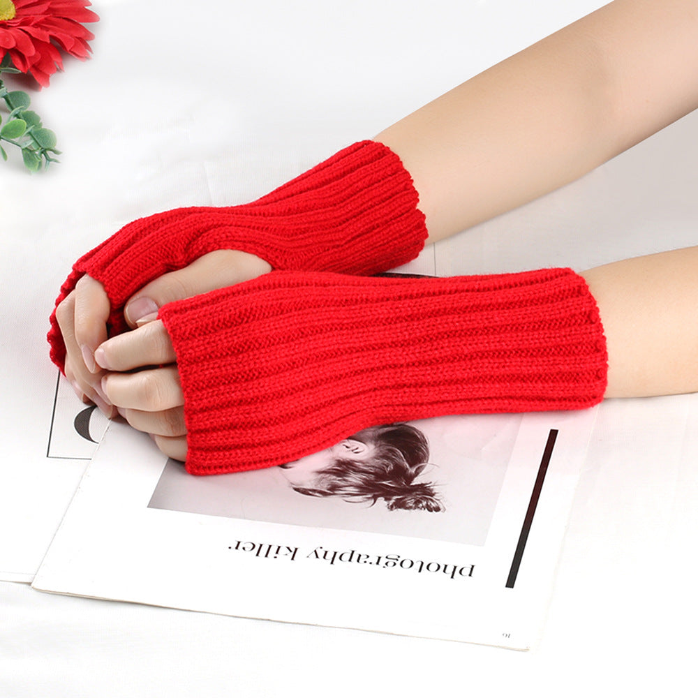 Knitting Wool Gloves Straight Arm Knitted Warm - Red Average Size - Women Gloves & Mittens - Carvan Mart