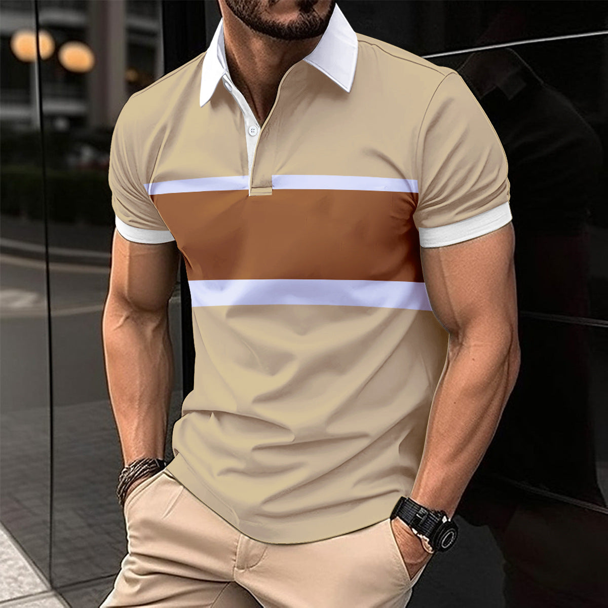Striped Printed Men's Casual Polo Shirt - Stylish Summer Travel Wear - Khaki - Men's Shirts - Carvan Mart