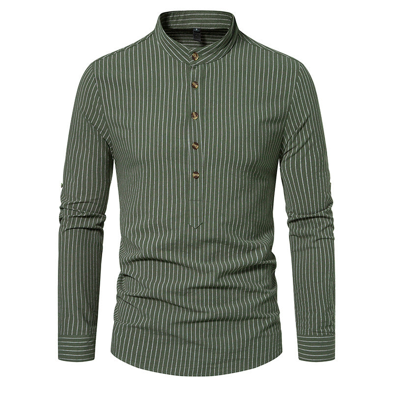 Men's Long-Sleeve Striped Button-Down Shirt - Elegant Cotton Dress Shirt for Any Occasion - Army Green - Men's Shirts - Carvan Mart