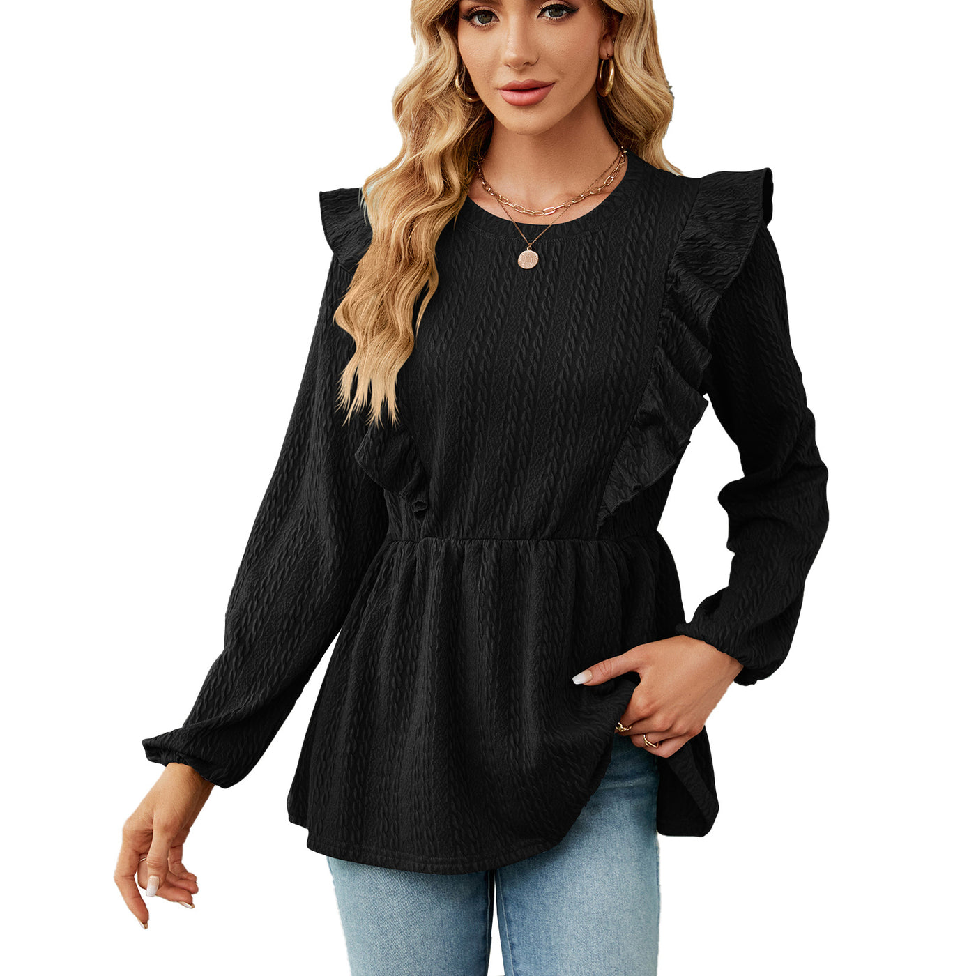 Women's Tops Next Patchwork Round Neck Long-sleeve T-shirt - Black - Tops & Tees - Carvan Mart