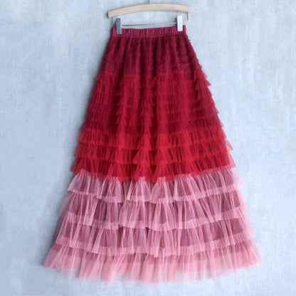 Women's Cake Skirt High Waist Contrast-color Ruffled Stitching Skirt