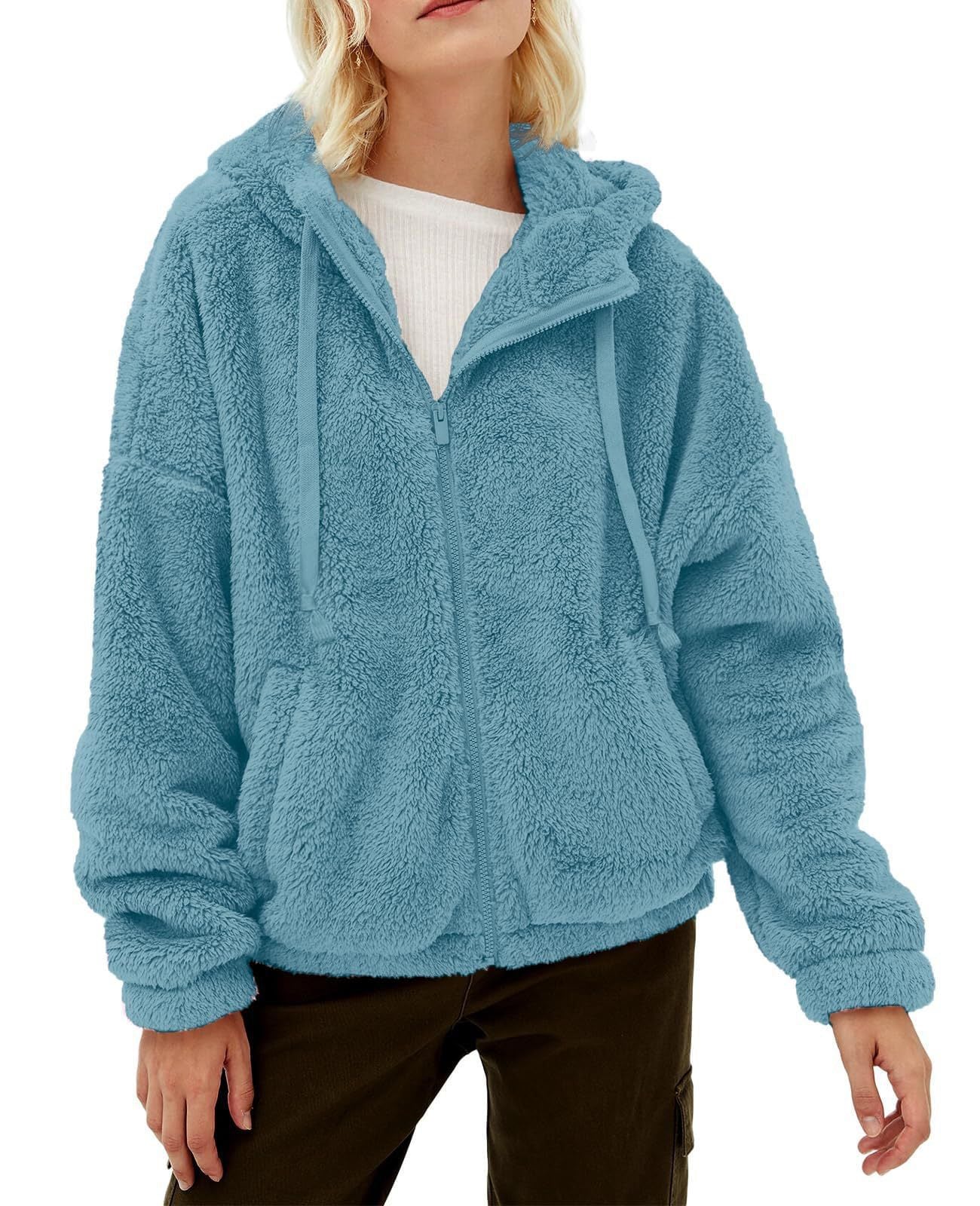 Casual And Comfortable Hooded Loose Zip Plush Pocket Sweatshirt - Lake Blue - Women Hoodies & Sweatshirts - Carvan Mart