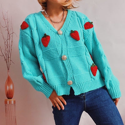 Women's Fashion Casual Loose Strawberry Embroidery Single-breasted Sweater - Carvan Mart