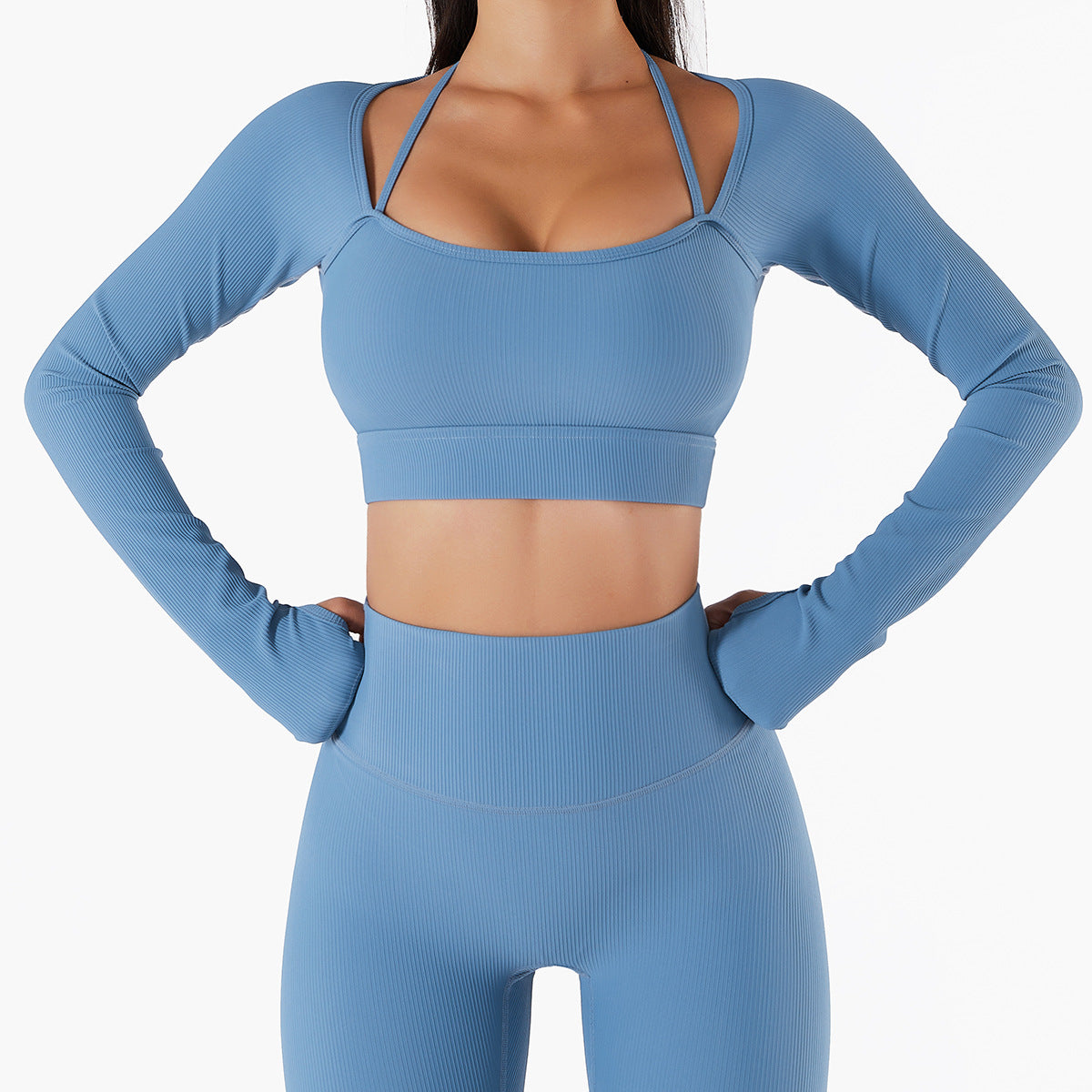 Women's Quick-drying Workout Wear With Chest Pad Slim Fit Skinny Long Sleeve Yoga Wear - Haze Blue - Active Attire - Carvan Mart