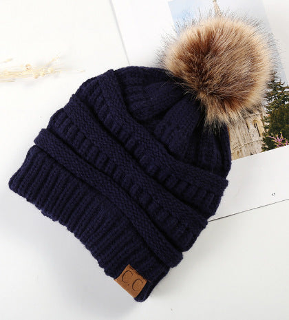 Warm Hat Thickening Not Fleece-lined Knitting Plus Fur Ball - Navy Blue Average Size - Women's Hats & Caps - Carvan Mart