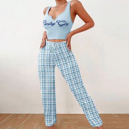 Women's Home Wear Vest Color Matching Plaid Trousers Letter Print Top Pajamas