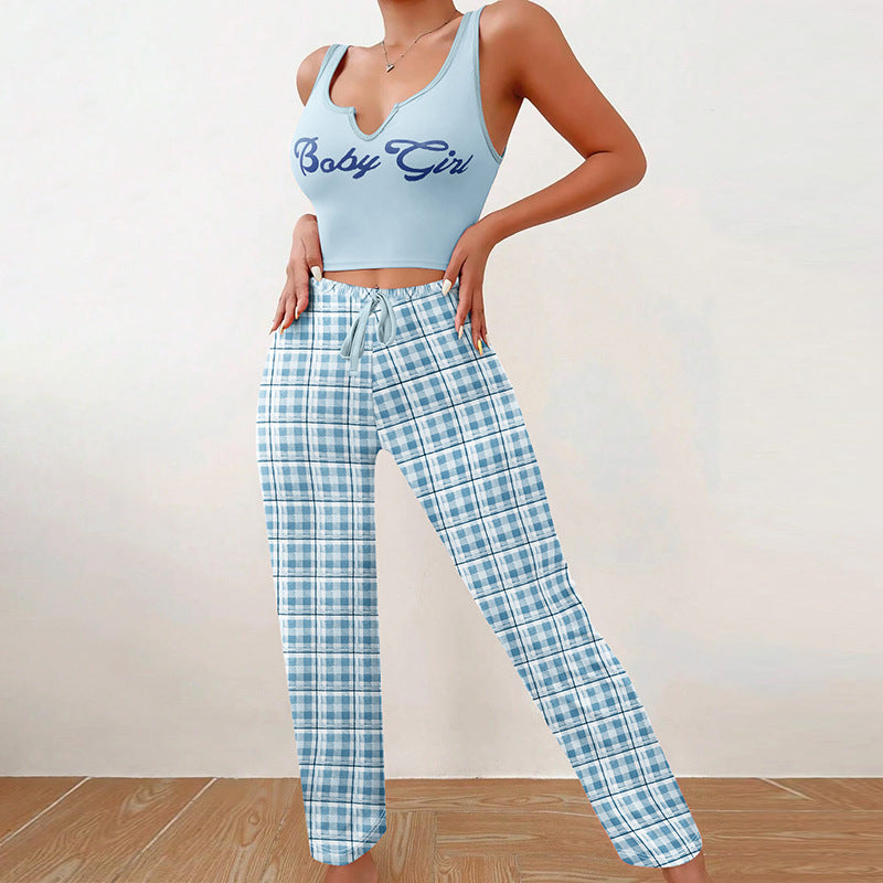 Women's Home Wear Vest Color Matching Plaid Trousers Letter Print Top Pajamas - Carvan Mart