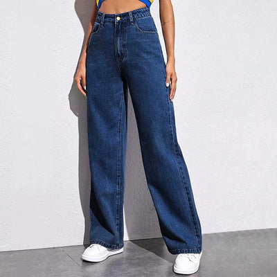 High Waist Wide Leg Jeans for Women - Summer Casual Cotton Pants - Dark Blue - Women's Jeans - Carvan Mart