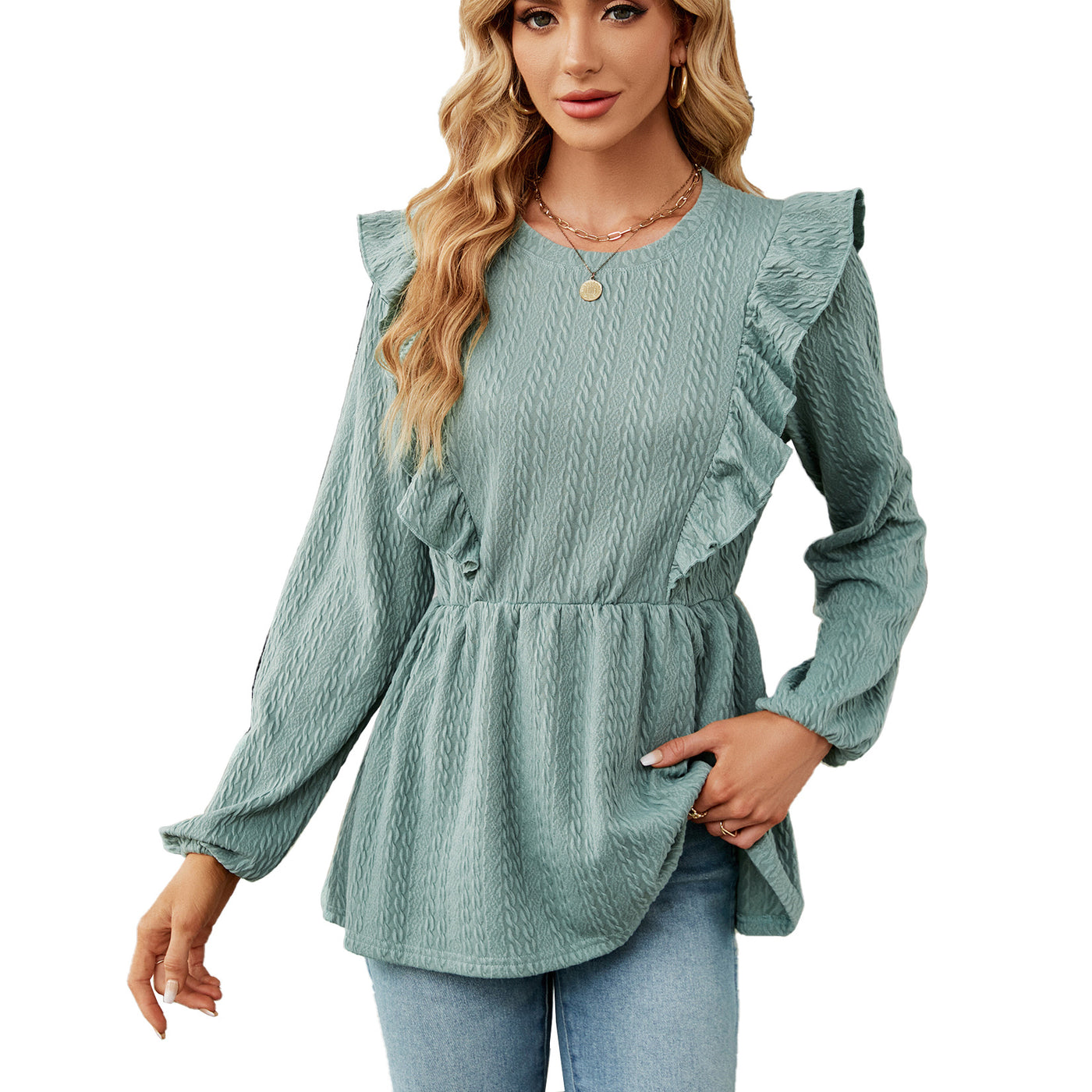 Women's Tops Next Patchwork Round Neck Long-sleeve T-shirt - Dark Green - Tops & Tees - Carvan Mart