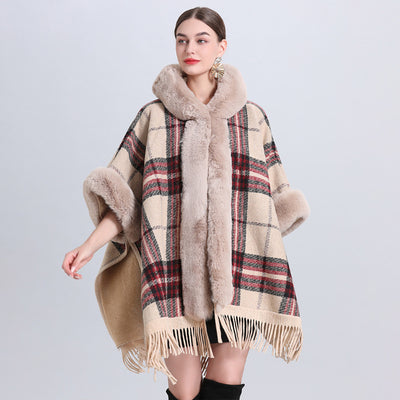 Women's Plaid Cashmere Fur Collar Cardigan Coat - Beige Red Plaid Average Size - Women's Coats & Jackets - Carvan Mart