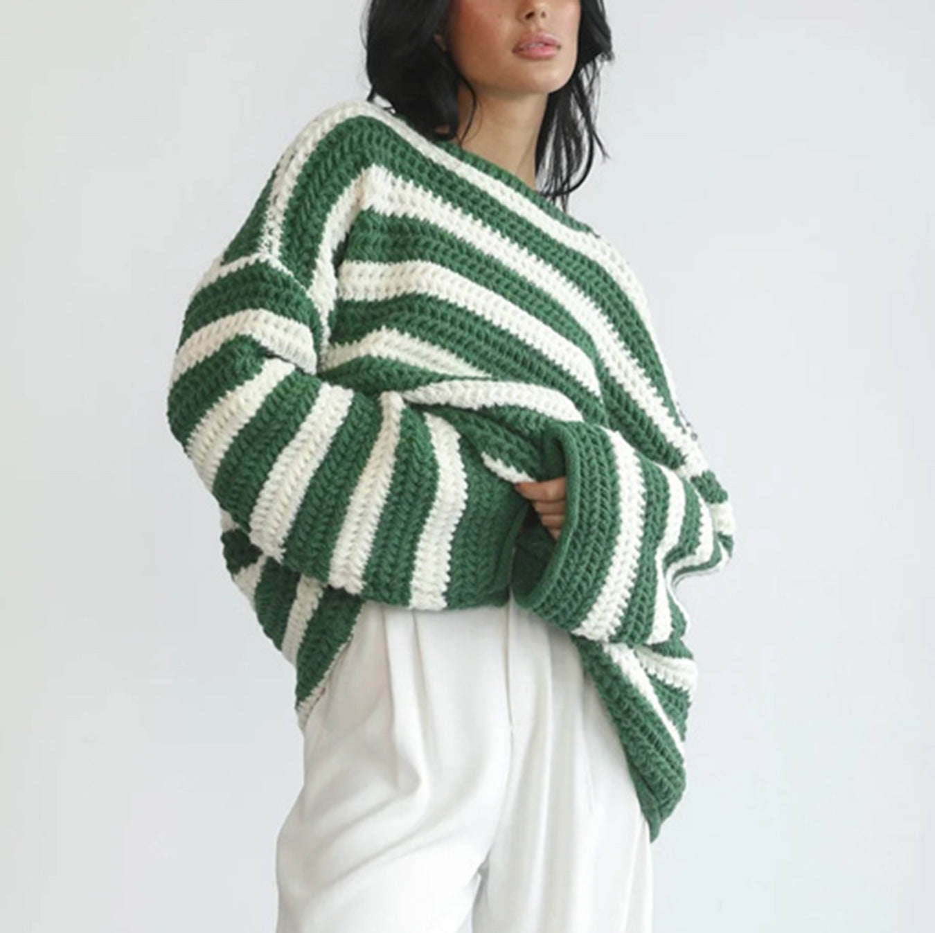 Women's Loose Off Shoulder Striped Long-sleeved Sweater - Green - Sweaters - Carvan Mart