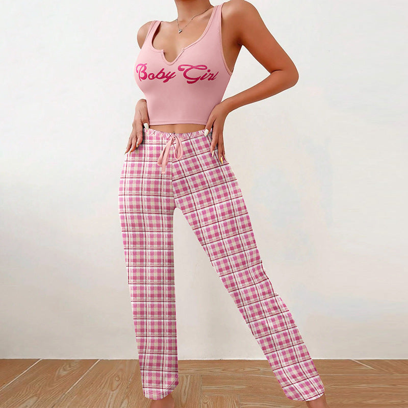 Women's Home Wear Vest Color Matching Plaid Trousers Letter Print Top Pajamas - Carvan Mart