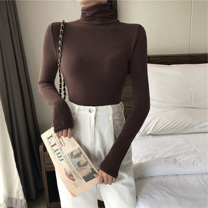 All-matching Solid Color Turtleneck Bottoming Shirt Women's Slim-fit Long Sleeve - Brown - Winter Tops - Carvan Mart