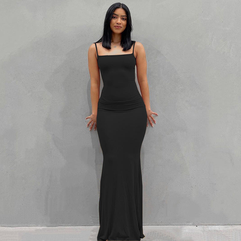 Satin Slip Sleeveless Backless Maxi Dress Bodycon Sexy Women's Dress - Black - Dresses - Carvan Mart