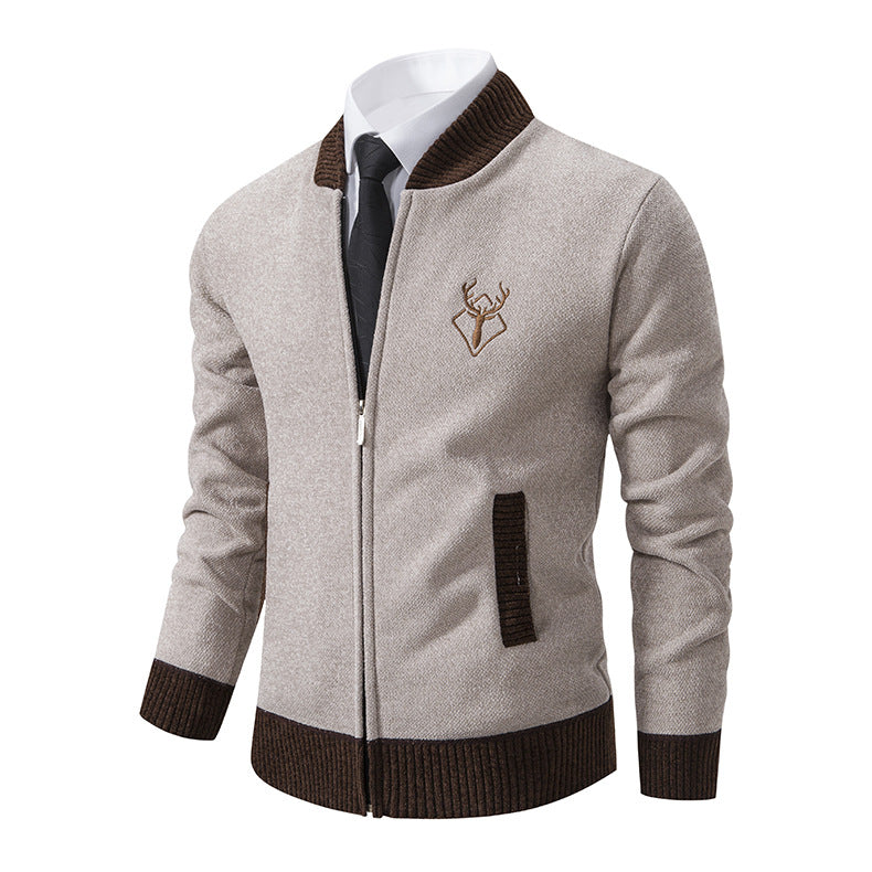 Men's Jacket Slim Stand Collar Elk Embroidered Cardigan Coat - Creamy White - Men's Jackets & Coats - Carvan Mart