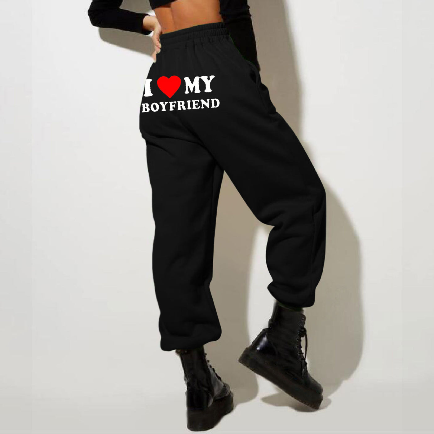 Trendy Boyfriend Sweatpants - Cozy High-Waisted Joggers with Cute Print - Black Back Print - Pants & Capris - Carvan Mart