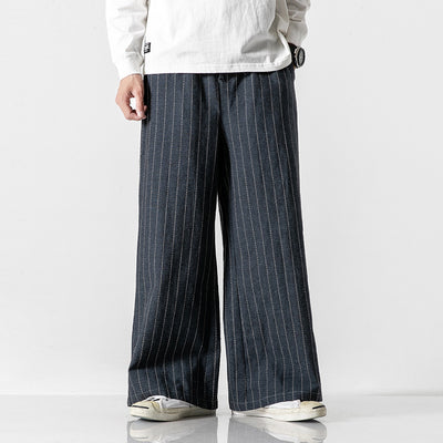 Linen Striped Harem Pants - Stylish High-Waist Wide-leg Trousers for Men - Navy Blue - Men's Pants - Carvan Mart