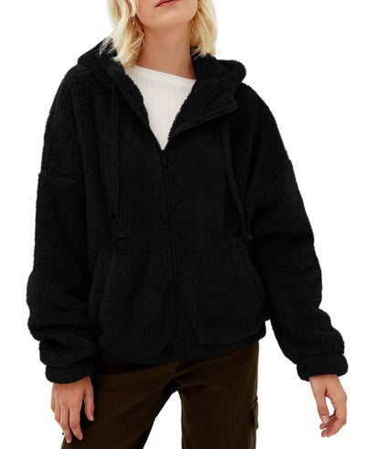 Casual And Comfortable Hooded Loose Zip Plush Pocket Sweatshirt - Black - Women Hoodies & Sweatshirts - Carvan Mart