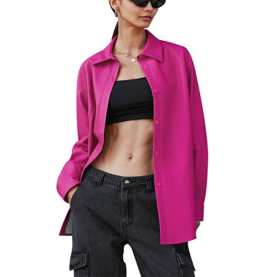 Women's Leather Jacket Long Sleeve PU Leather Coat - Rose Red - Women's Coats & Jackets - Carvan Mart